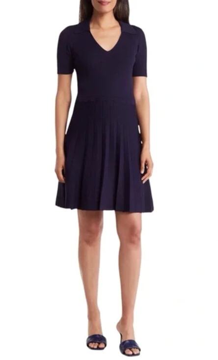 Eliza J Dresses & Skirts - Eliza J Womens Fit & Flare Dress Small Navy Blue Ribbed Knit Johnny Collar NWT